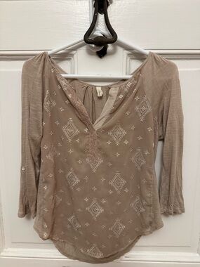 Woven Embroidered V-Neck Womens Top in Taupe from Anthropologie